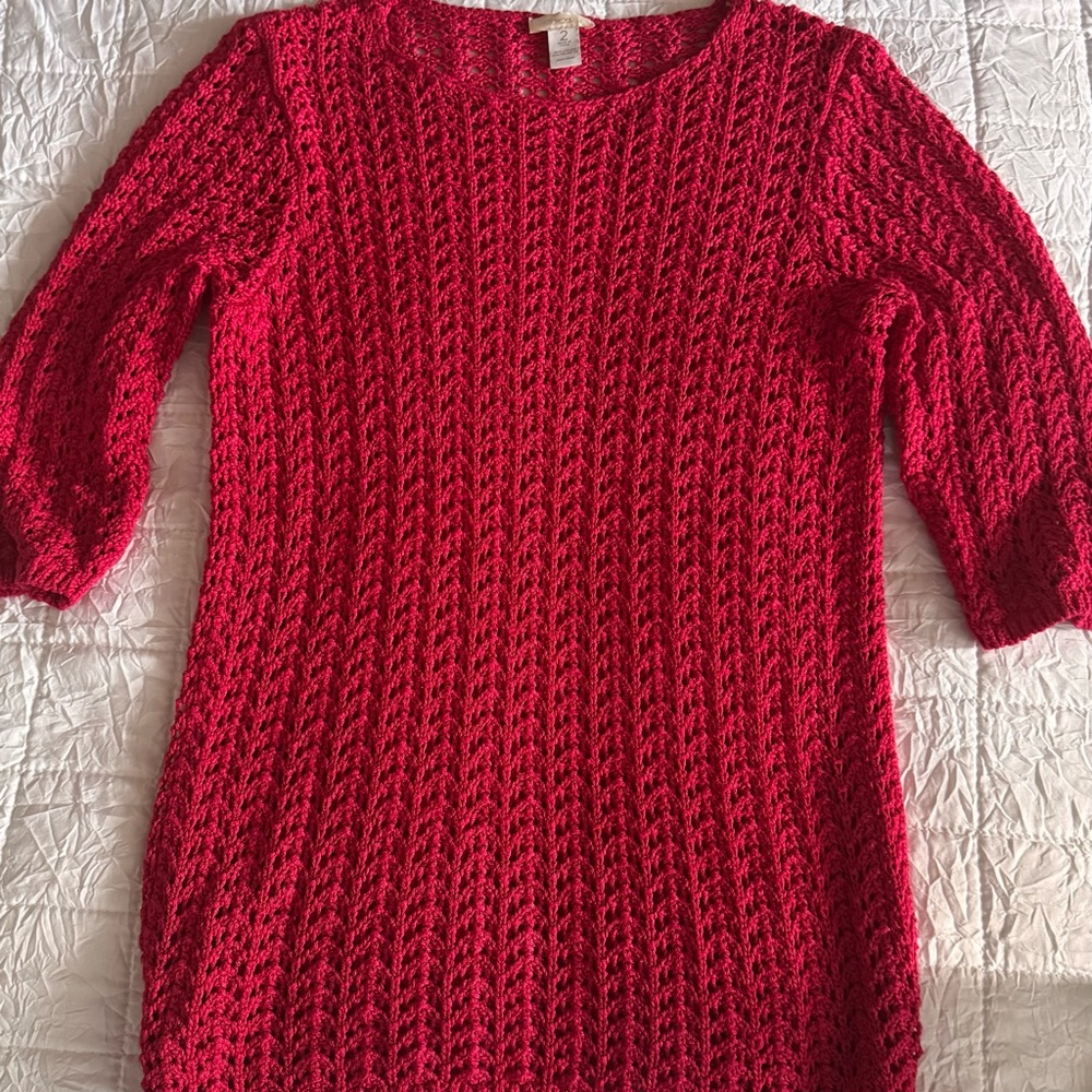 Chico's Pink Crew Neck Sweater 3/4 Sleeve. Open Knit Crochet Pattern Size 2